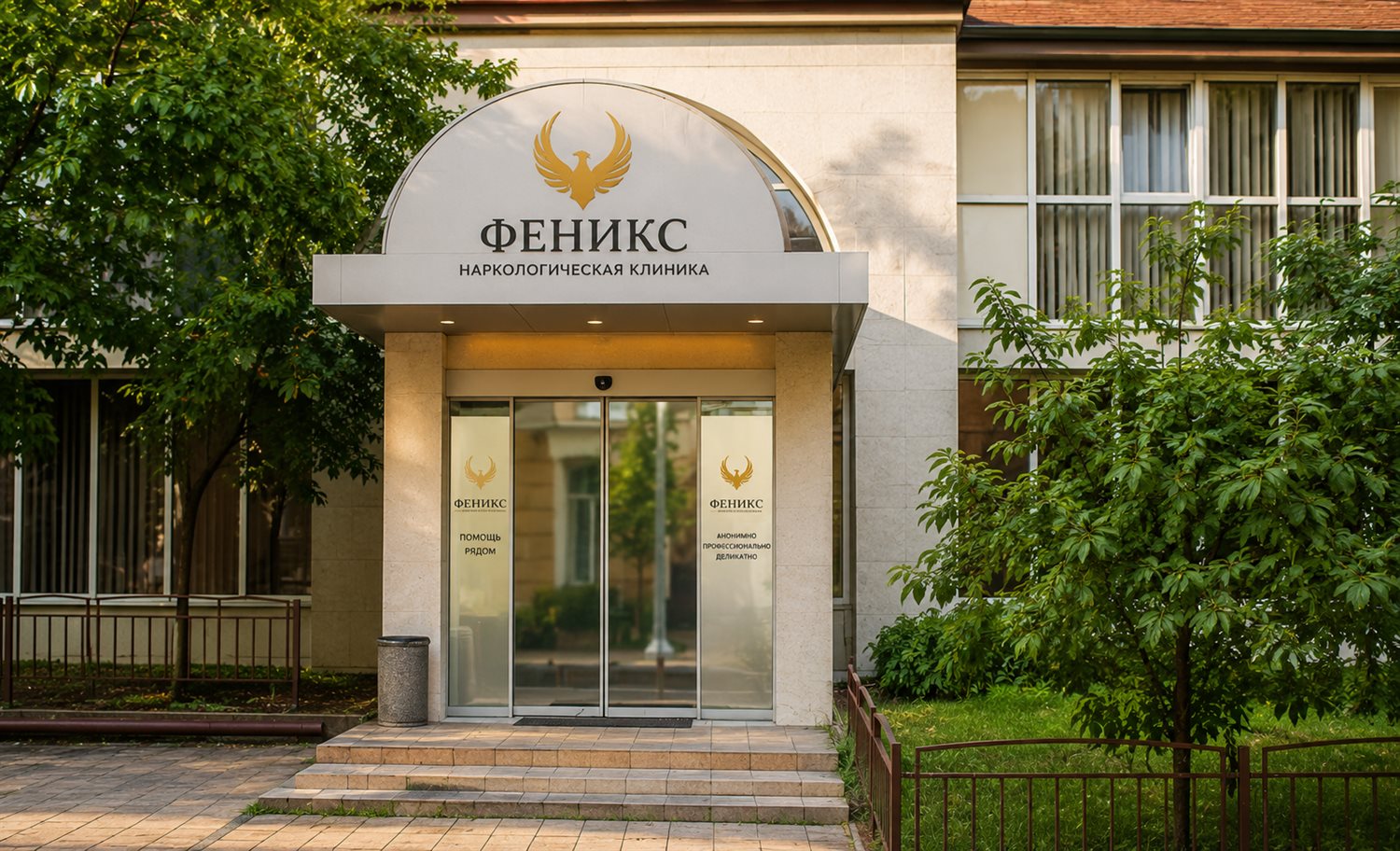 Вход в наркологическую клинику «Феникс» в Подпорожье